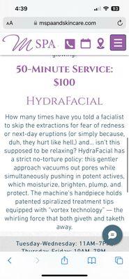 Price listed for facial online.