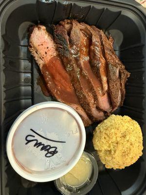 Tri-tip plate with cornbread and beans.