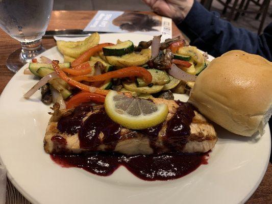 Grilled Salmon with Huckleberry Sauce (with double vegetables substituted for the potatoes).