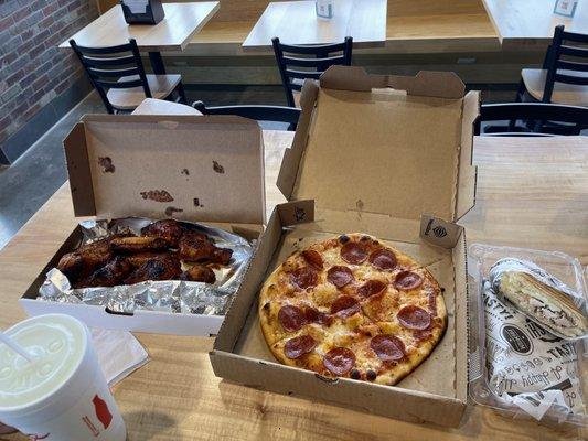 BBQ wings pizza and hot pressed chicken sandwich