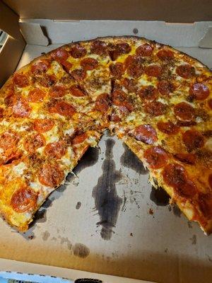 Large pepperoni and sausage pizza