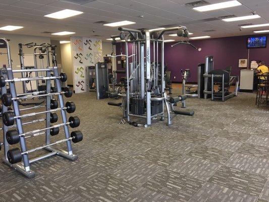 Open space with enough equipment to no never have to wait for a treadmill or machine.