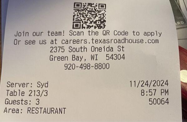 Syd was the best waitress we had at any restaurant while visiting Green Bay !