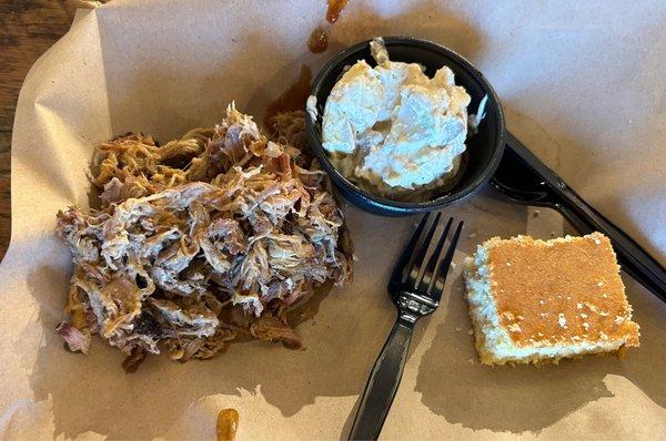 Pulled Pork Extra Large Combo with potato salad and corn bread  good