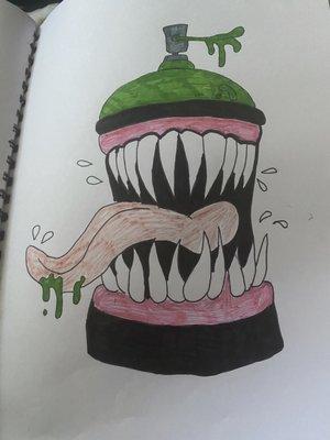 A spray can with long teeth and scary