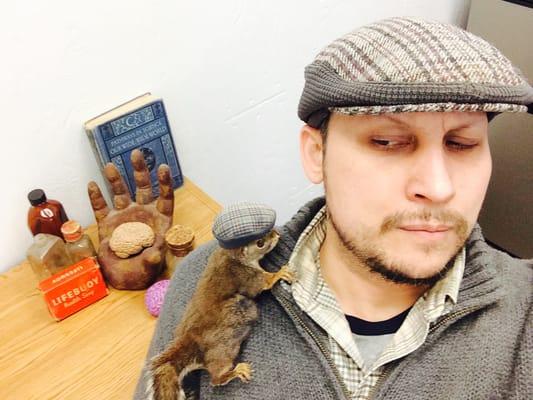 Guy Edwards and Walnut, the office Squirrel, at Brainjar Media