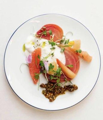 Burrata, heirloom beets, grapefruit supremes, pistachio-black garlic "pesto"