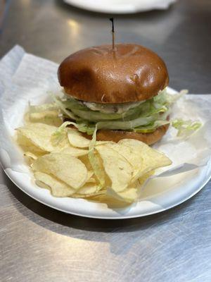 Cheese burger with fries platter.