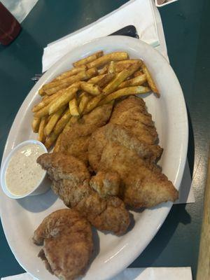 chicken tenders and french fries, with the best honey mustard in town