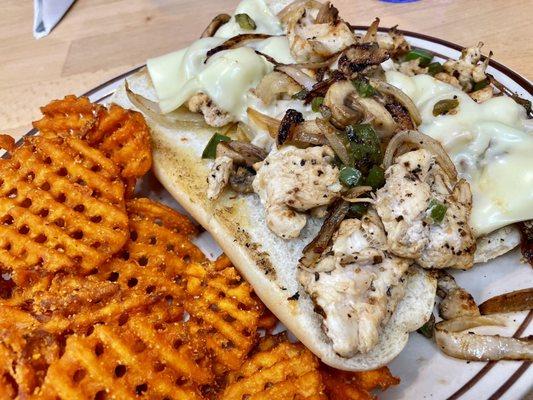 Philly Cheesesteak Sandwich (but with chicken) and Sweet Potato Fries