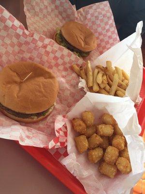 Burgers, fries and tater tots