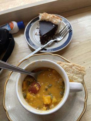 Chocolate and coconut pie. Squash and lentil soup.