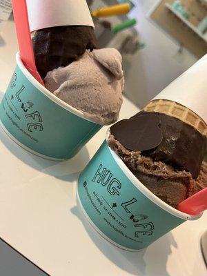 Taro & Rocky Road in chocolate waffle cones