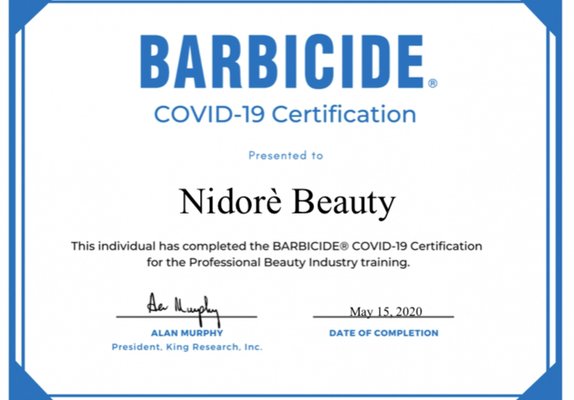 Nidorè Beauty is Barbicide COVID-19 certified!