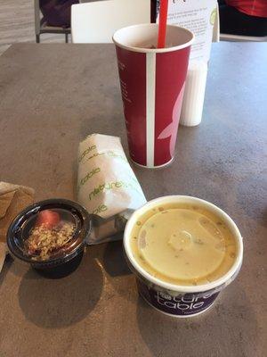 Mix It Up: Half Sesame Thai wrap, small cup of Chicken 'n Dumplings, scoop of Acai w/granola and srawberries, and a drink.