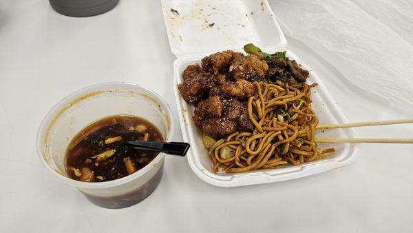 hot and sour soup, orange chicken, brocolli beef, chow mein.. my usual... yummmmmmm