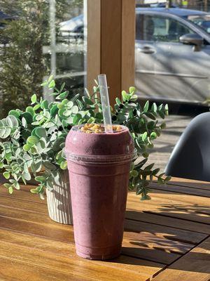 Mixed berry protein shake with chia seeds, flax seeds, Banana, and walnuts