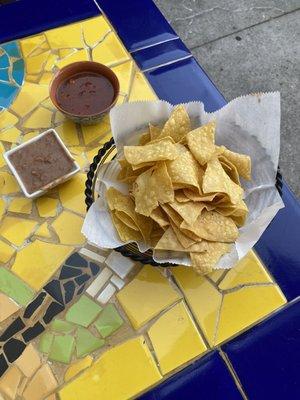 Chips, salsa, bean dip