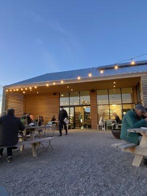 The outdoor patio at sunset