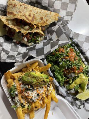 Pastor Quesadilla, Carne Asada Tacos, Asada Fries