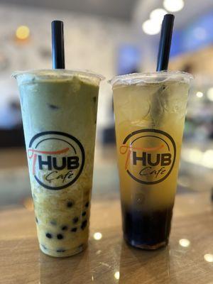 Mango Matcha Latte with Honey Boba & Lychee Green Tea with Honey Boba