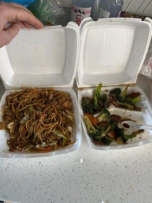 Chicken lo Mein and beef and broccoli