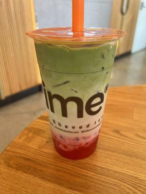 Strawberry Matcha Milk Tea with popping boba