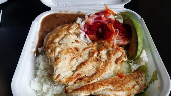 $15.00 - Grilled chicken, rice & beans w/ salad/slaw.