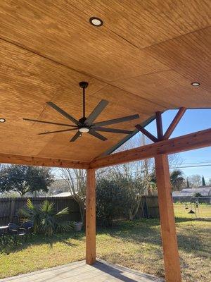 Back porch ceiling with lighting and fan