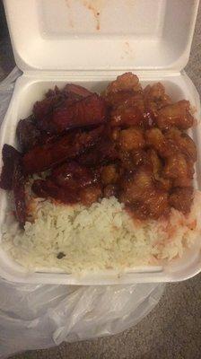 BBQ Pork and Orange Chicken with White Rice! Servings are huge.