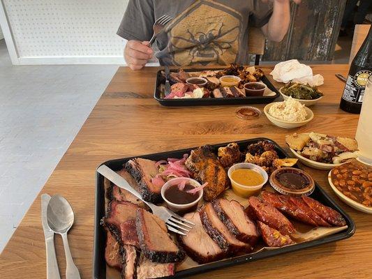 2 orders of the Meat Sweats, collard greens, coleslaw, baked beans and German potato salad. So awesome