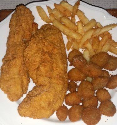 Catfish, fries, and fried okra.