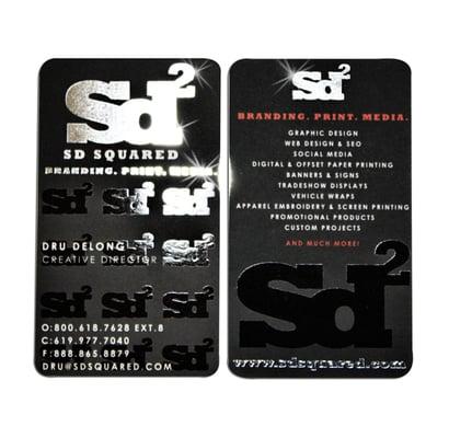 16pt. rounded corner Silk Laminated Business Cards w/ silver foil stamping & spot gloss UV custom designed and printed by DCM