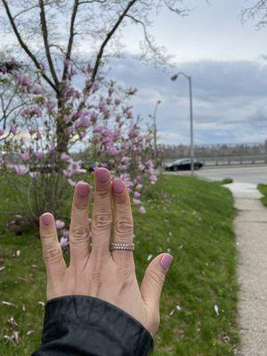 Wish I took better took care of my nails since the last visit! Much shorter but the color is nice- got the SNS