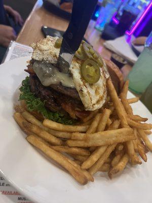 Double Cheeseburger with Fried Egg and Jalapeños