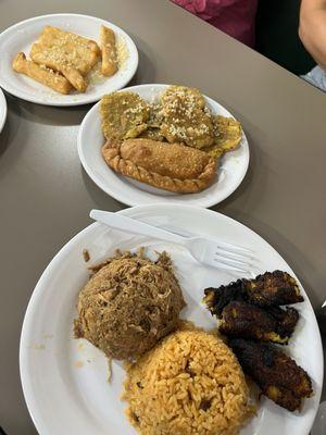 Pernil, maduros, Beef and Cheese Empanada, Yuca Fries, Tostones