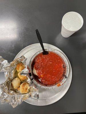 Cheese manicotti with pizza crust dough balls.