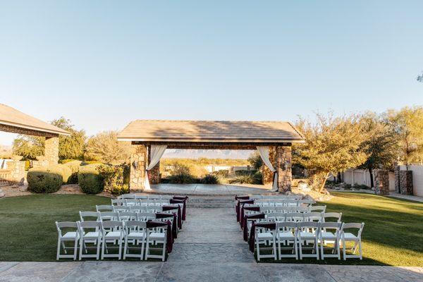 The venue is beautiful with green lawns and a stunning view of the Superstition Mountains.