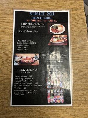 Specials menu at sushi 201