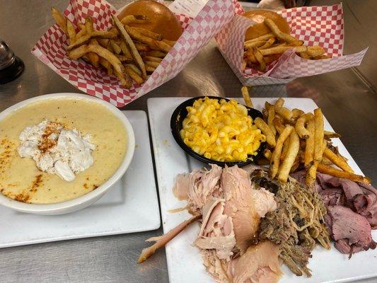 3 meat sampler (Turkey,beef,nc pork) Mac n Mac & Cheese, Boardwalk - Style Fries, cream of crab soup