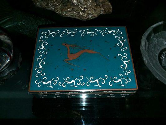 Japanese enameled box with depictions of deer