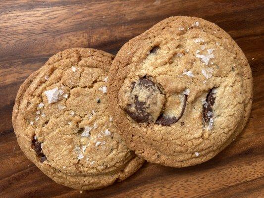 Shampa's famous Brown Butter Guittard Semisweet Dark Chocolate Chip Cookies...topped with Maldon sea salt!