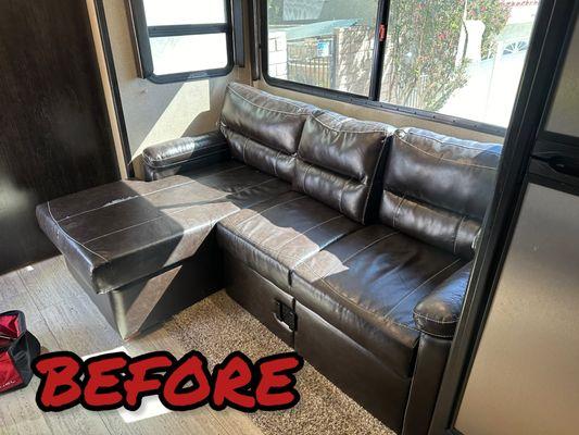 BEFORE: RV/Trailer sofa bed completely re-upholstered.  Full service RV interior restoration.  We offer pick/up & delivery.