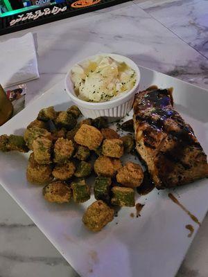 Teriyaki salmon, fried okra, mash potatoes