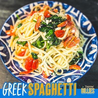 Greek Spaghetti w/ feta, olive oil, spinach, & tomatoes