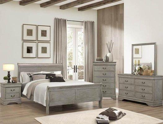 Driftwood Louis Philippe Sleigh bed collection, queen set $899. Includes queen bed, dresser, mirror, nightstand & 5-drawer chest.