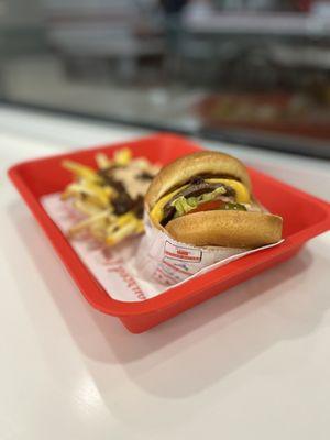 Animal cheeseburger and animal fries