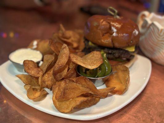 Burger and house chips