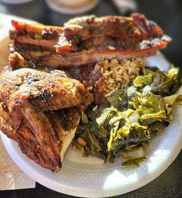 2 meat plate, smoked chicken, spare ribs, Collard greens, red beans on dirty rice.