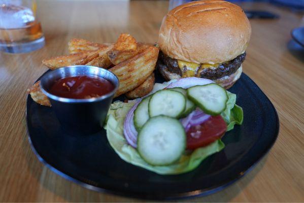 Happy hour burger with wedge fries